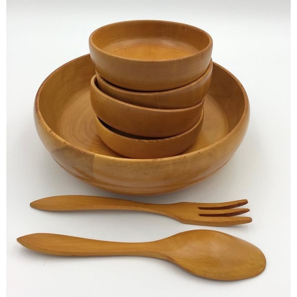 Wolverine Grand Rapids Bowl Works Other - Vintage Wolverine Grand Rapids Wood Salad Bowl Set 7pc Cottagecore Farmhouse MCM